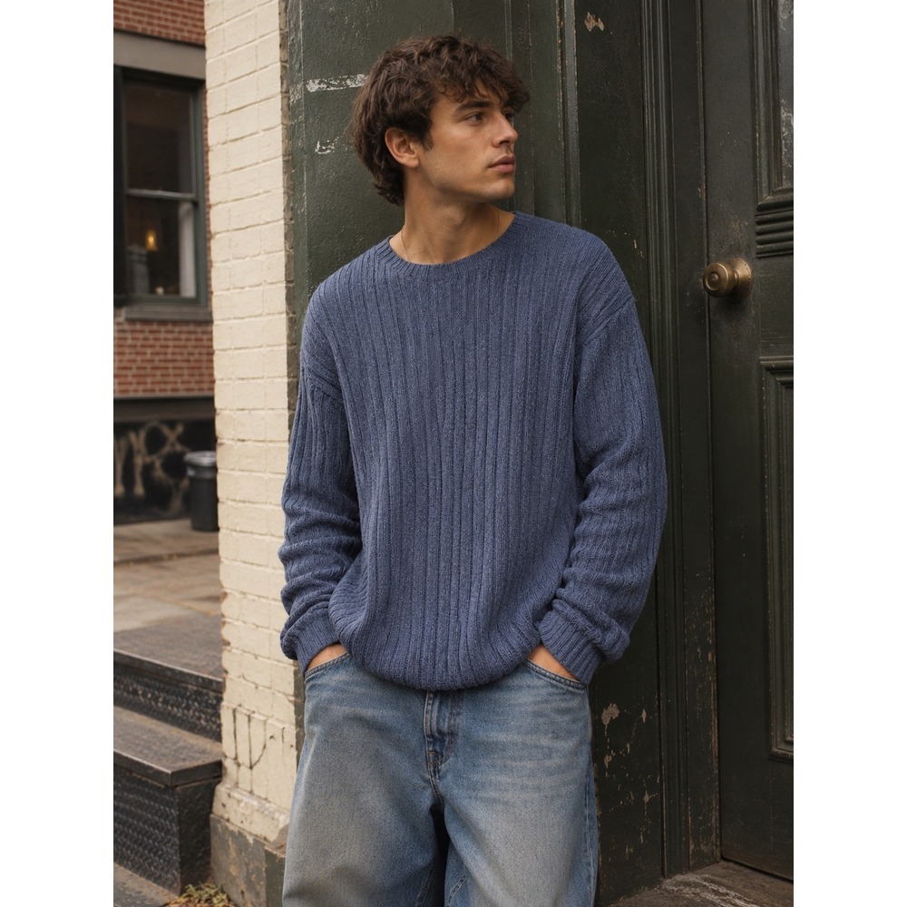 Vintage Polo Ralph Lauren Ribbed Cotton Crewneck Sweater Heritage Blue XL